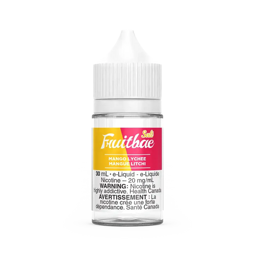 Fruitbae Salt Mango Lychee 30mL e-liquid bottle with white cap and yellow-pink label.