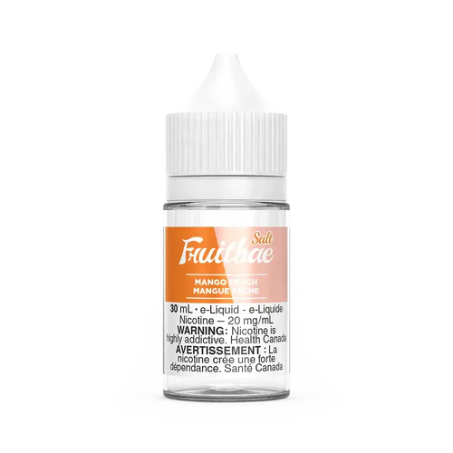 Fruitbae Salt Mango Peach 30mL e-liquid bottle with white cap and orange logo.