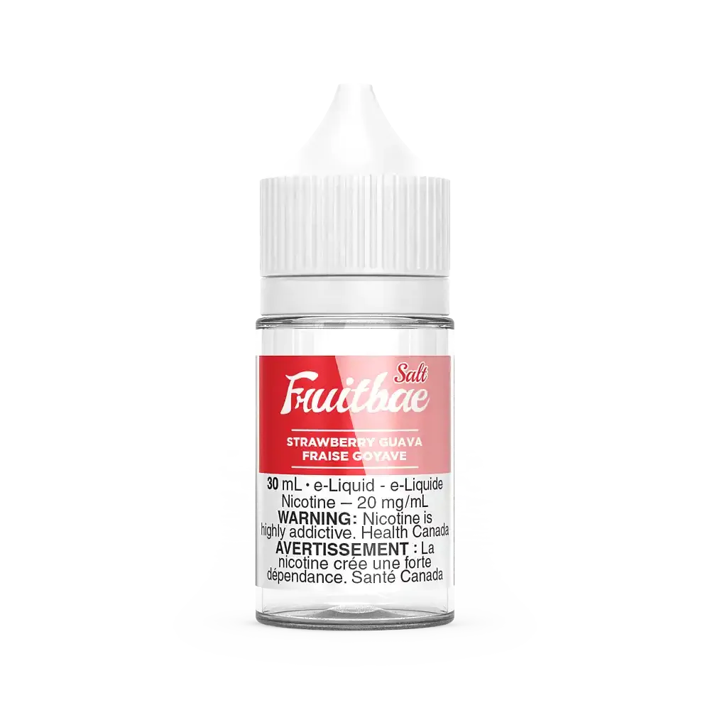 Fruitbae Salt Strawberry Guava 30mL e-liquid bottle with white cap and red label.