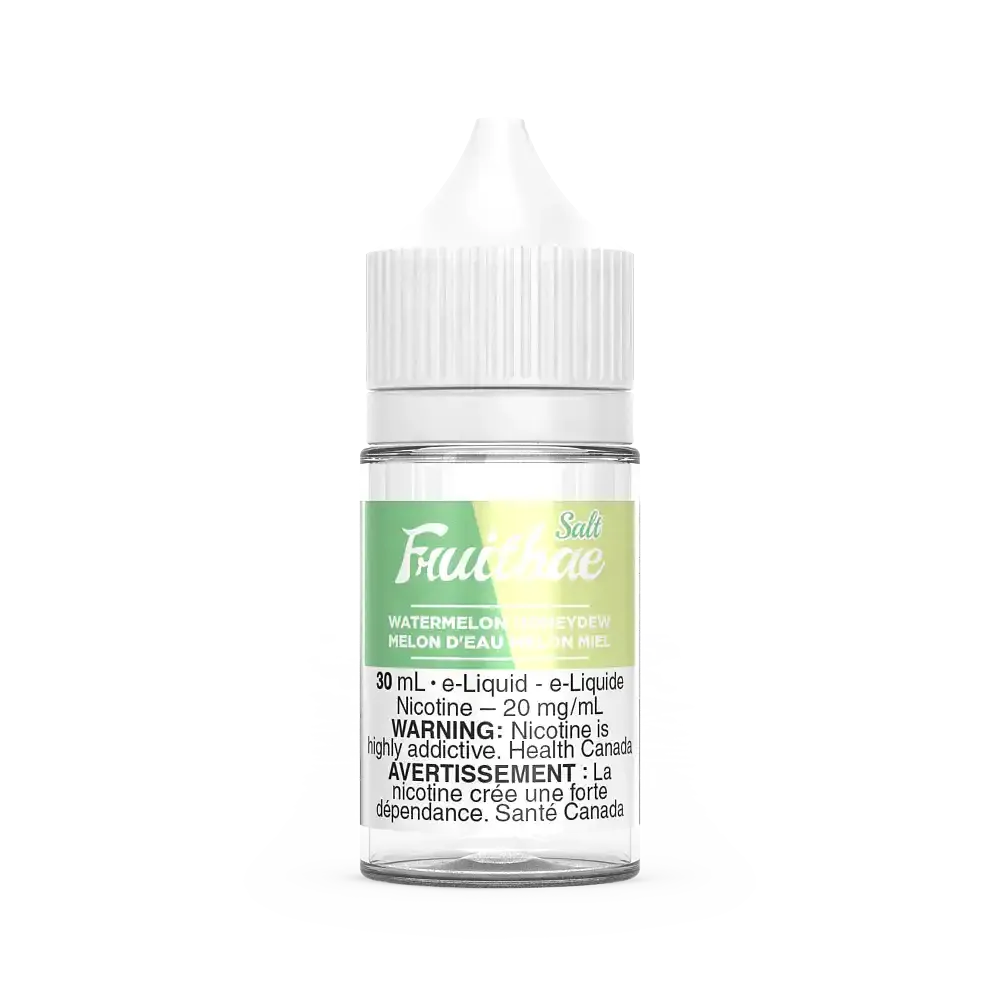 Fruitbae Salt Watermelon Honeydew 30ml e-liquid bottle with green and pink logo, white cap.