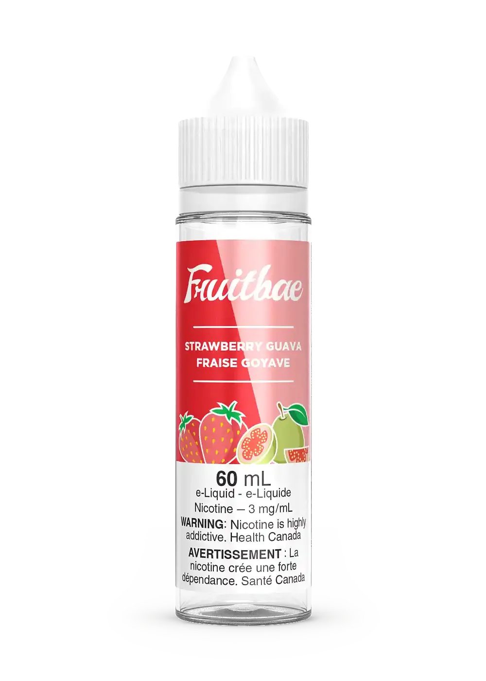 Fruitbae Strawberry Guava 60mL e-liquid bottle with red label, fruit graphics, and white cap.