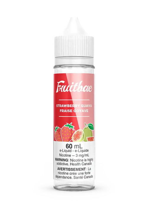 Fruitbae Strawberry Guava 60mL e-liquid bottle with red label, fruit graphics, and white cap.