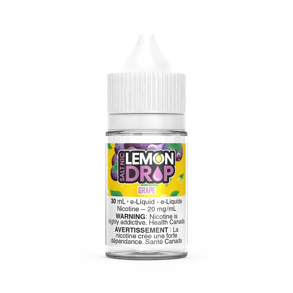 Lemon Drop Salt Grape 30mL e-liquid bottle with purple grape graphics and white CRC cap.