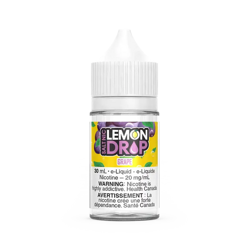 Lemon Drop Salt Grape 30mL e-liquid bottle with purple grape graphics and white CRC cap.