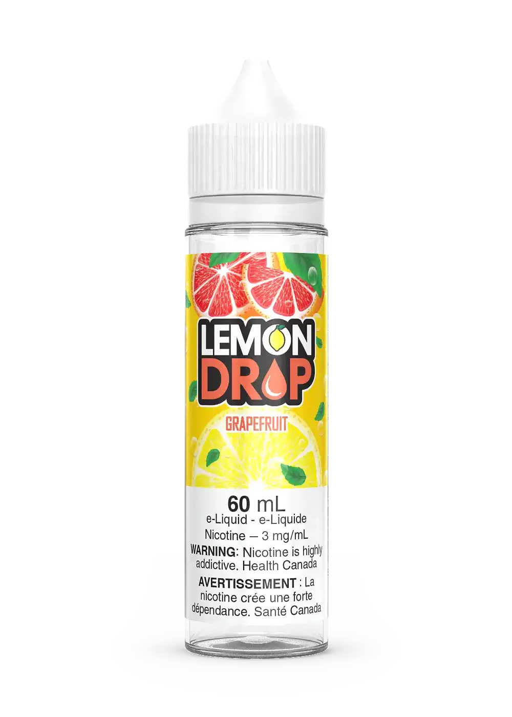 Lemon Drop Grapefruit 60mL e-liquid bottle with a white cap and a vibrant yellow label featuring grapefruit slices.