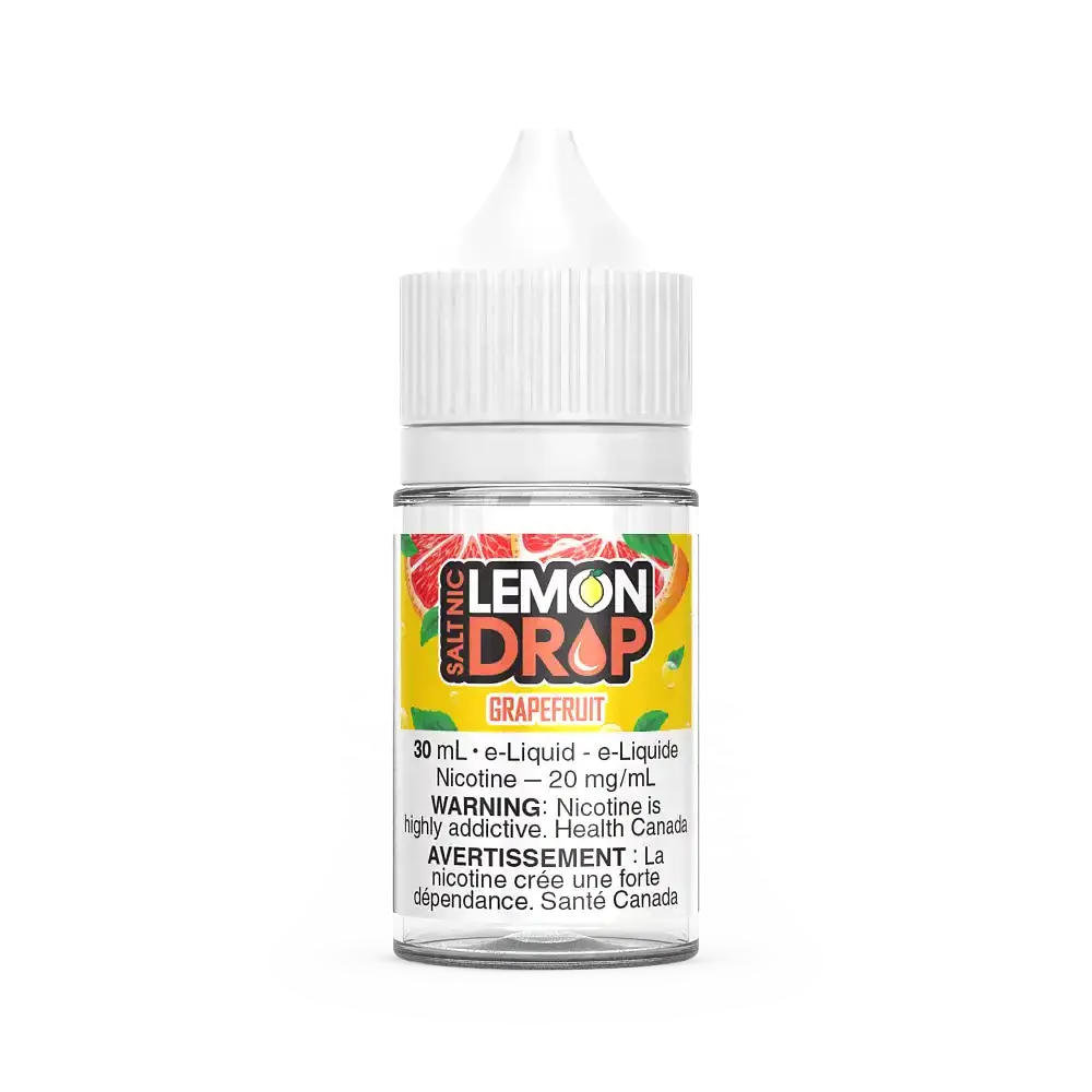 30mL Lemon Drop Salt Nicotine e-liquid in a clear bottle with a white cap, featuring a vibrant grapefruit label.