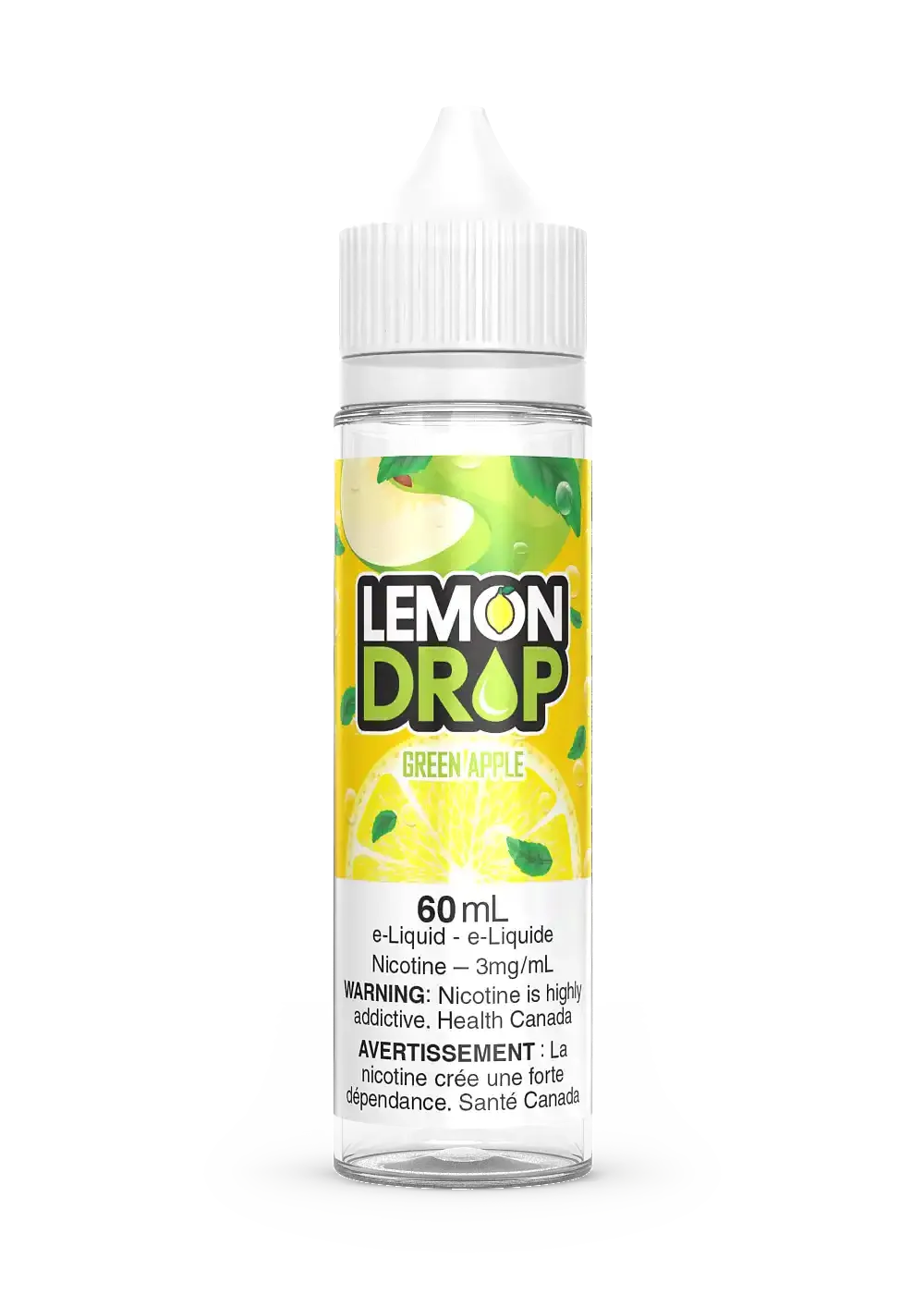 Lemon Drop Green Apple 60mL e-liquid bottle with green apple and lemon slice graphics.