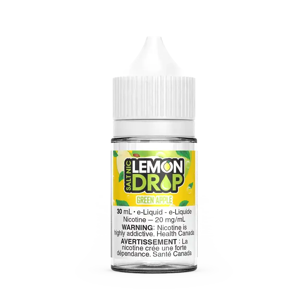 Lemon Drop Salt Green Apple 30mL e-liquid bottle with white cap and yellow label.
