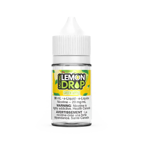 Lemon Drop Salt Green Apple 30mL e-liquid bottle with white cap and yellow label.