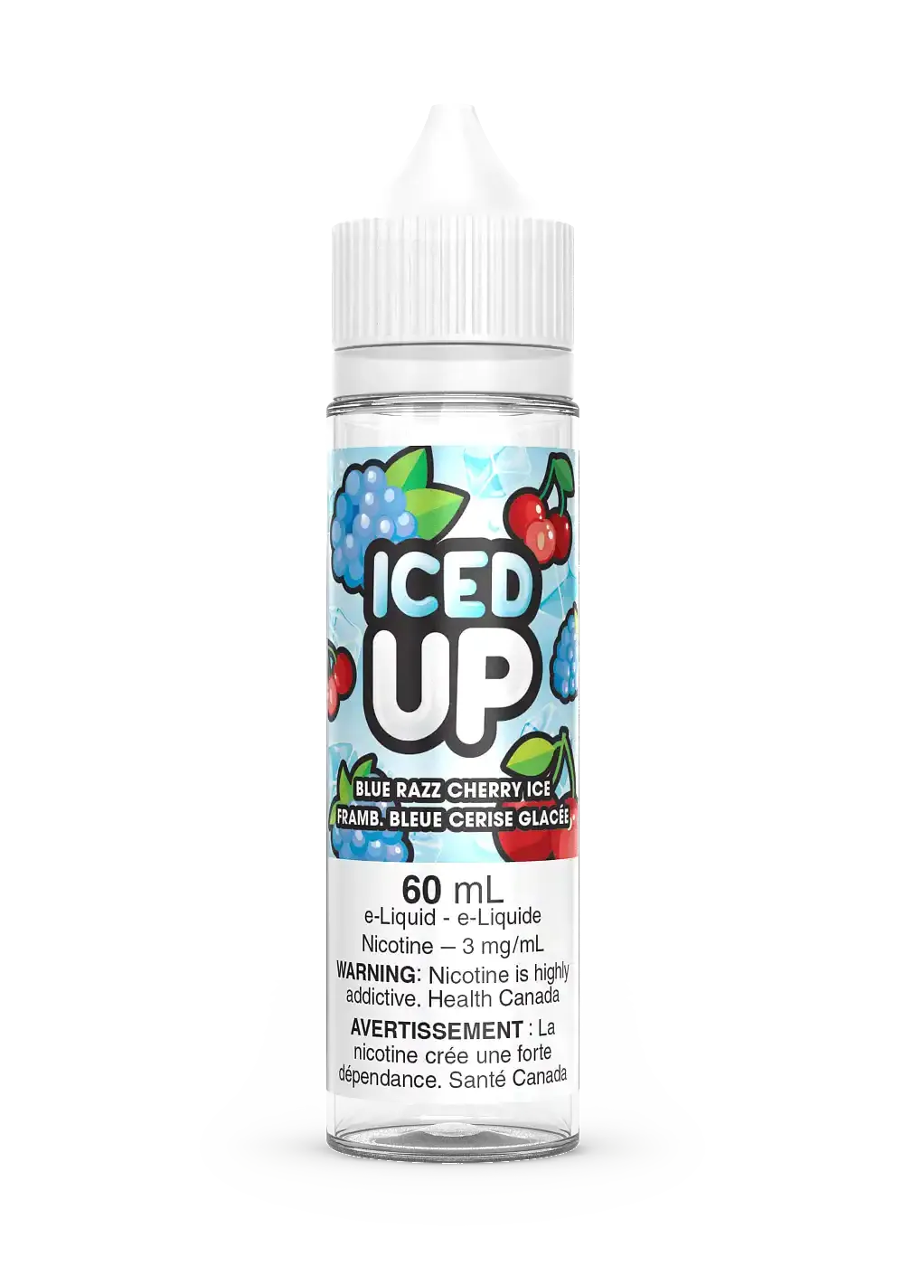 Iced Up Blue Razz Cherry Ice 60mL e-liquid bottle with white cap and fruit graphics.