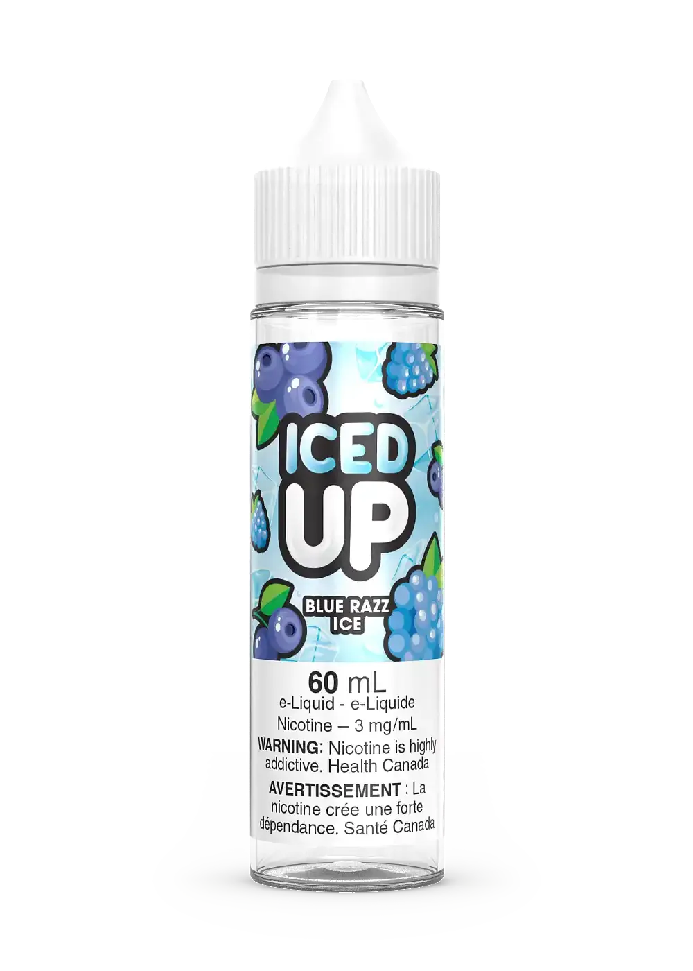 Iced Up Blue Razz Ice 60mL e-liquid bottle with blue berries and icy accents on the label.