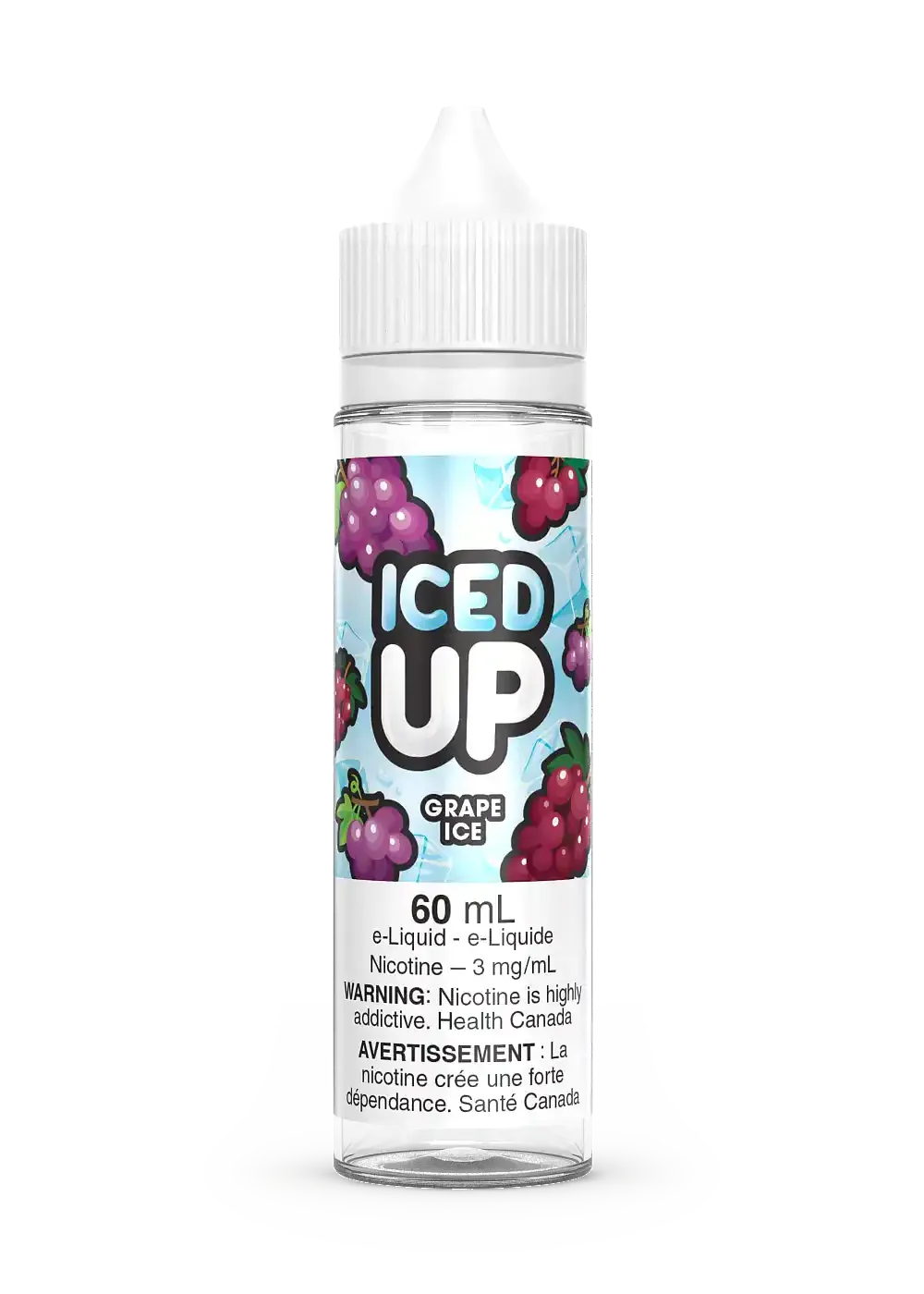 Iced Up Grape Ice 60mL e-liquid bottle with purple grapes and icy blue lettering on a white label.