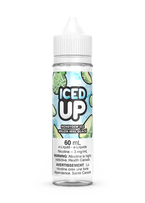 60mL Iced Up Honeydew Ice e-liquid bottle with green melon slices on a light blue label.