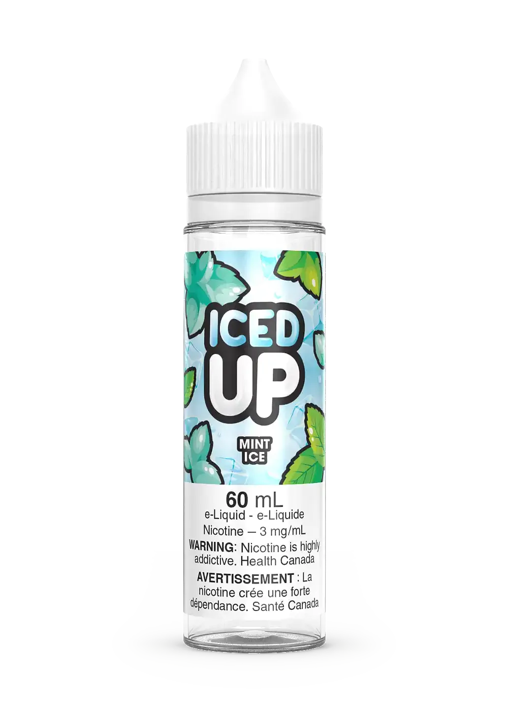 Mint Ice by Iced Up 60mL e-liquid bottle with a white cap and a label featuring mint leaves and ice.