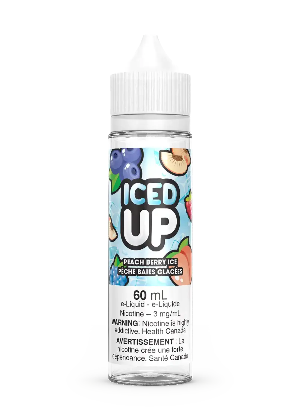 Iced Up Peach Berry Ice 60mL e-liquid bottle with fruit graphics and white cap.