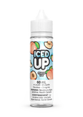 Iced Up Peach Ice 60mL e-liquid bottle with a white cap and a label featuring peaches and icy blue text.