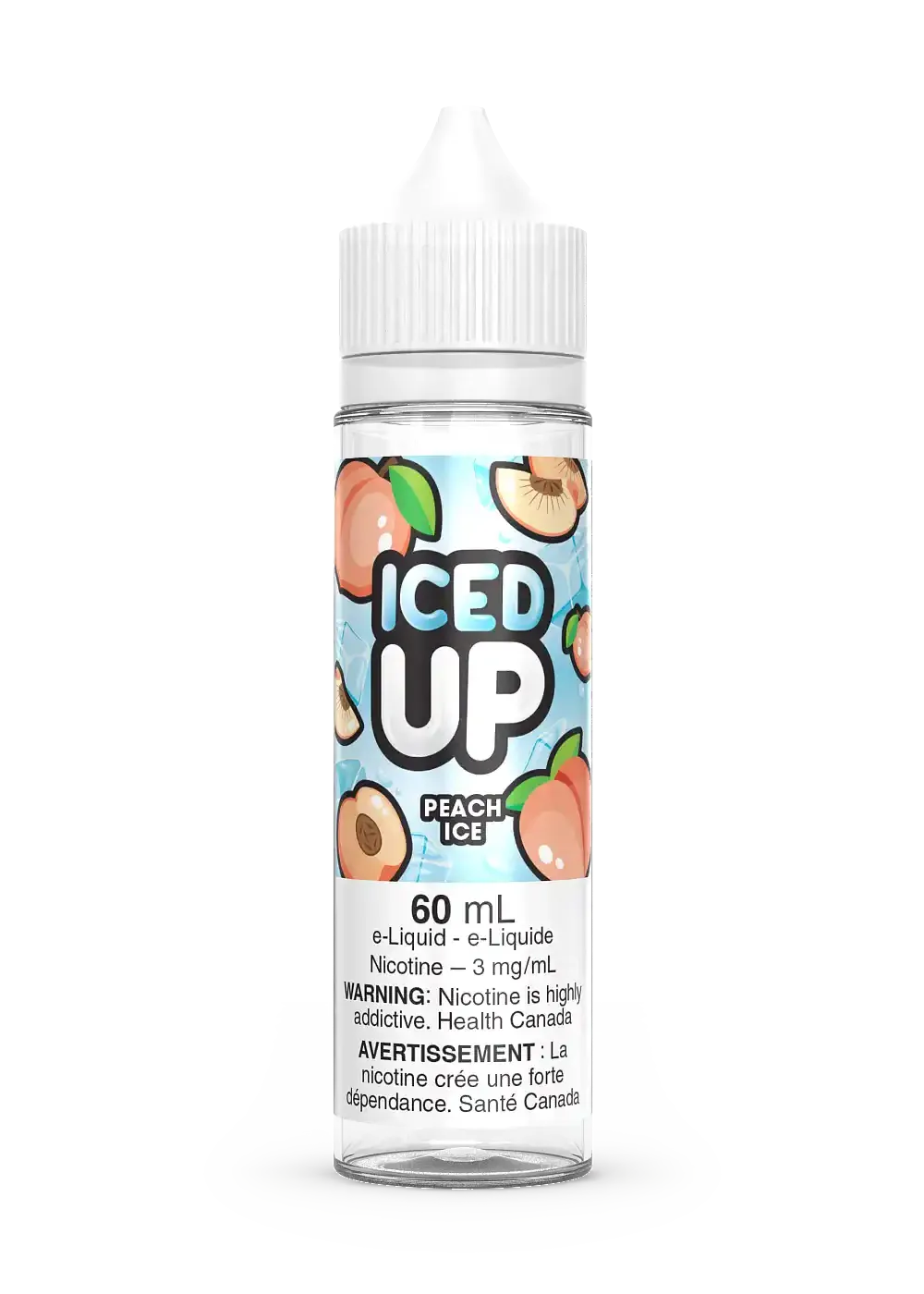 Iced Up Peach Ice 60mL e-liquid bottle with a white cap and a label featuring peaches and icy blue text.