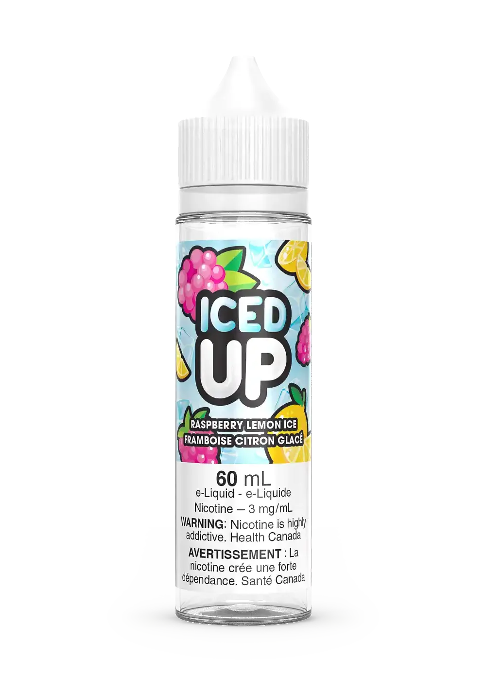 Iced Up Raspberry Lemon Ice 60mL e-liquid bottle with colorful fruit label and white cap.
