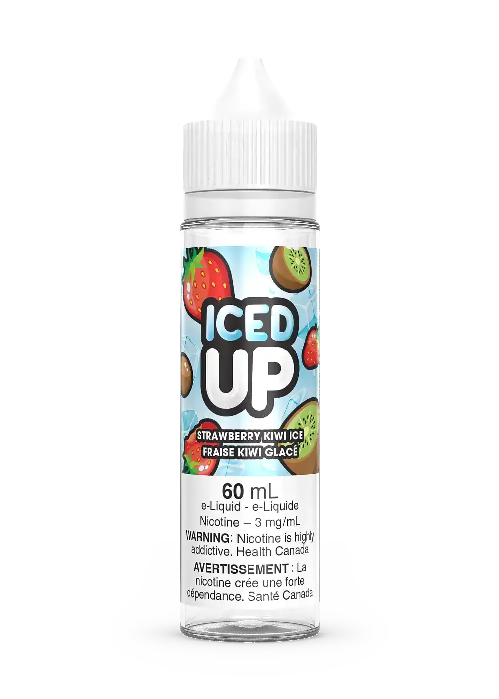 Iced Up Strawberry Kiwi Ice 60mL e-liquid bottle with fruit graphics and white cap.