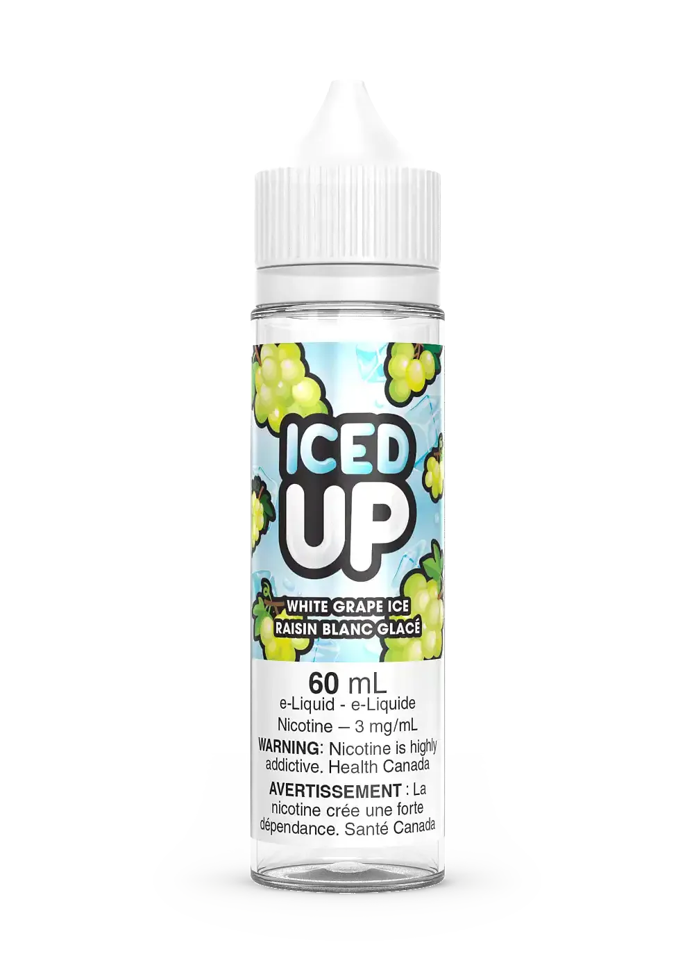 Iced Up White Grape Ice 60mL e-liquid bottle with green grapes and icy blue text.
