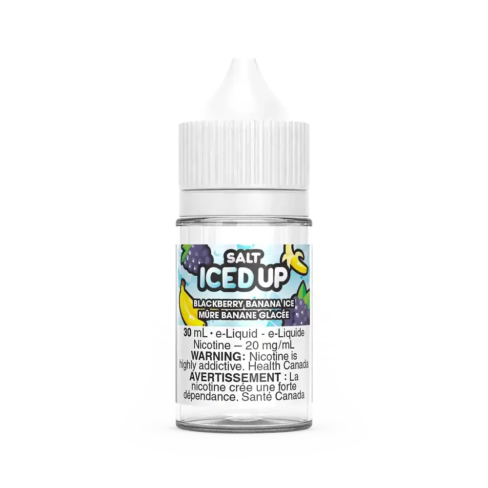 Clear 30mL Iced Up Salt e-liquid bottle with a white cap, featuring a Blackberry Banana Ice label.