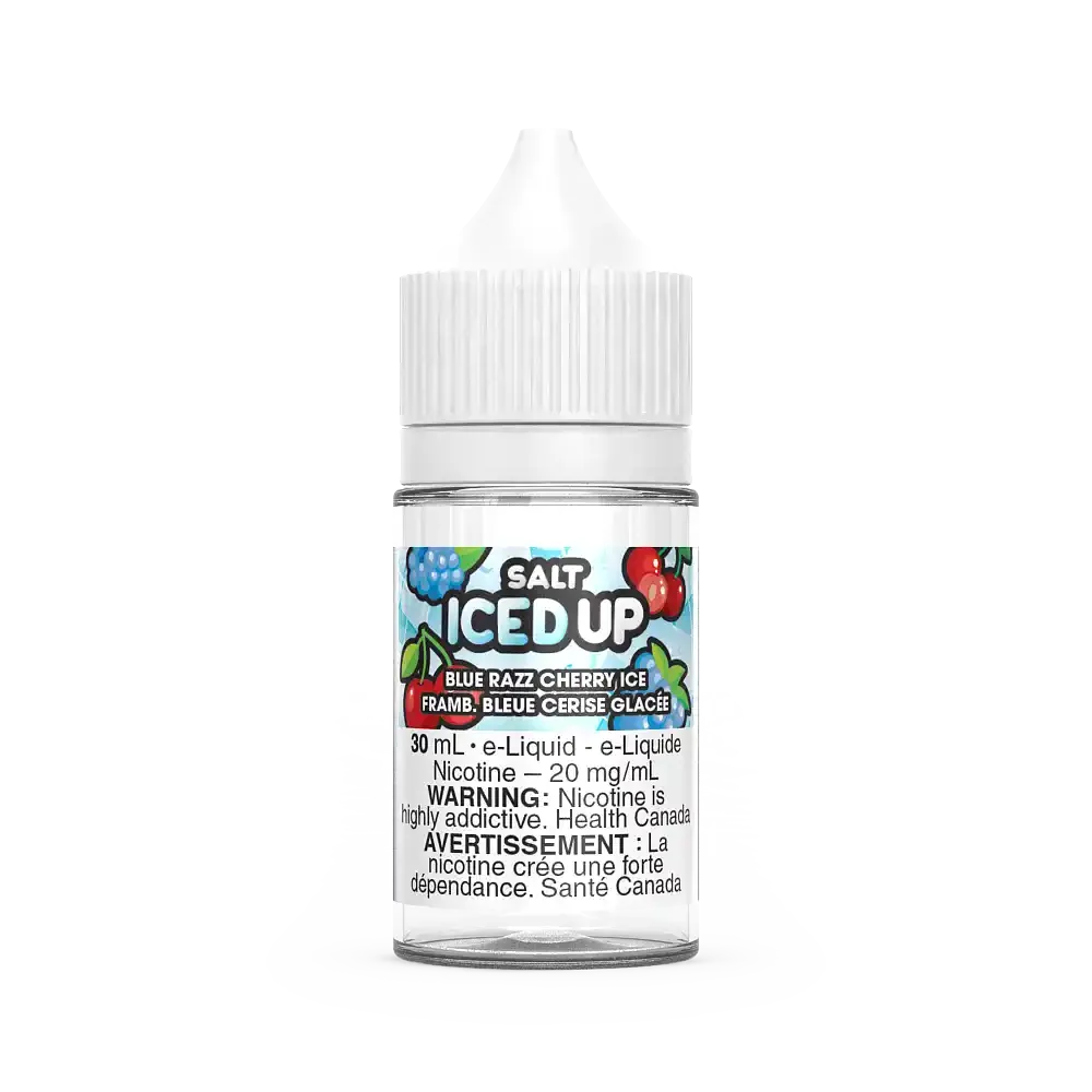 Iced Up Salt Blue Razz Cherry Ice 30mL e-liquid bottle with white cap and colorful fruit label.