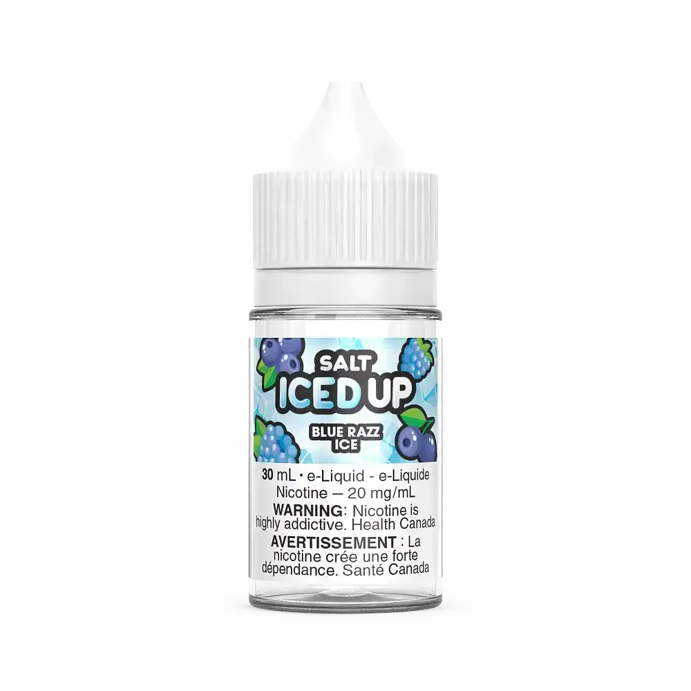 Iced Up Salt Blue Razz Ice 30mL e-liquid bottle with a white cap and blue berry label.