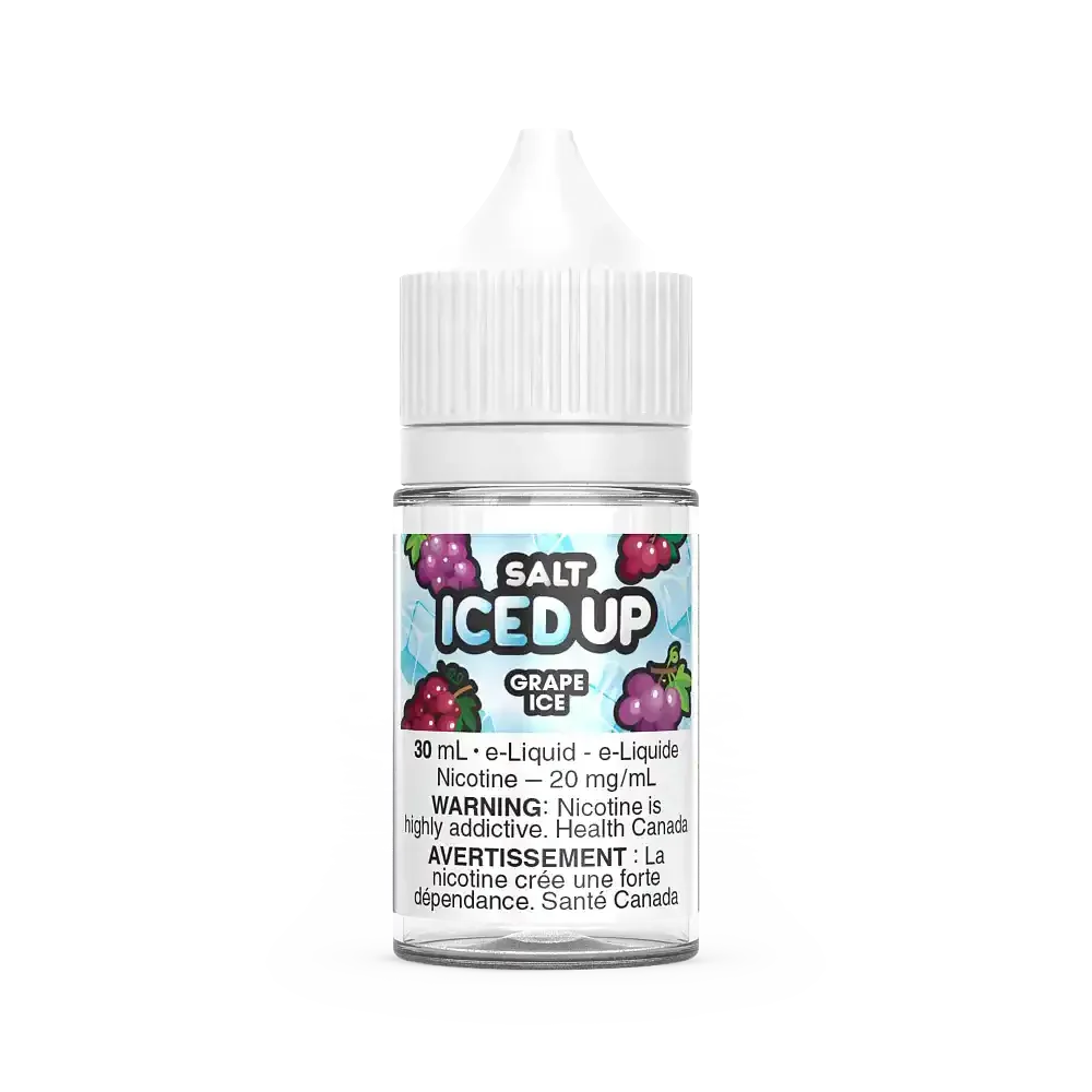 Iced Up Salt Grape Ice 30mL e-liquid bottle with purple grapes and icy blue background.