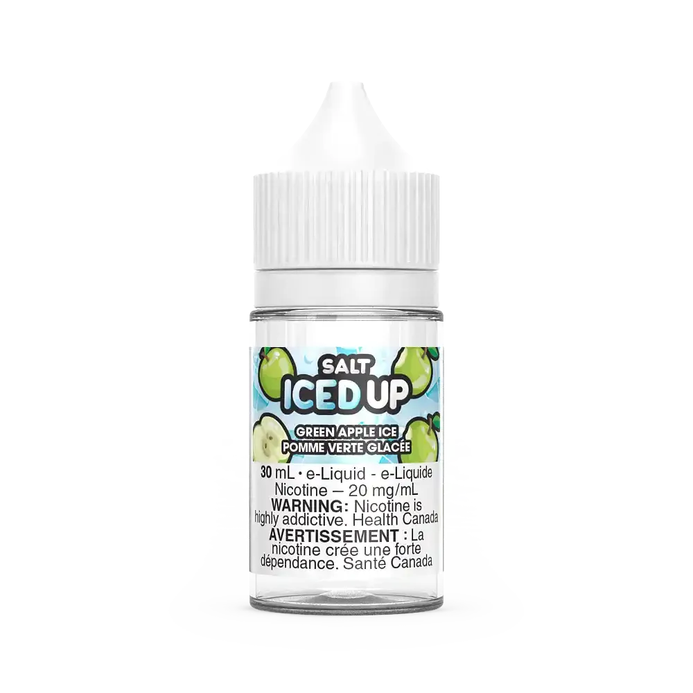 30mL Iced Up Salt Green Apple Ice e-liquid bottle with white cap and green apple graphics.