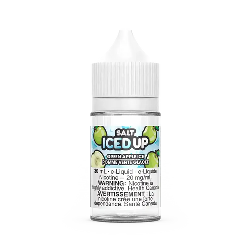 30mL Iced Up Salt Green Apple Ice e-liquid bottle with white cap and green apple graphics.