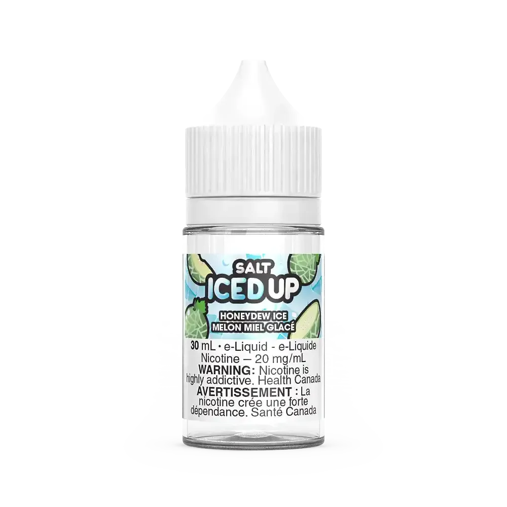 Iced Up Salt Honeydew Ice 30mL e-liquid bottle with white cap and green melon design.