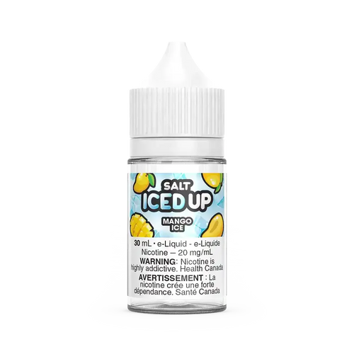 Iced Up Salt Mango Ice 30mL e-liquid bottle with white cap, featuring mango and ice cube graphics.