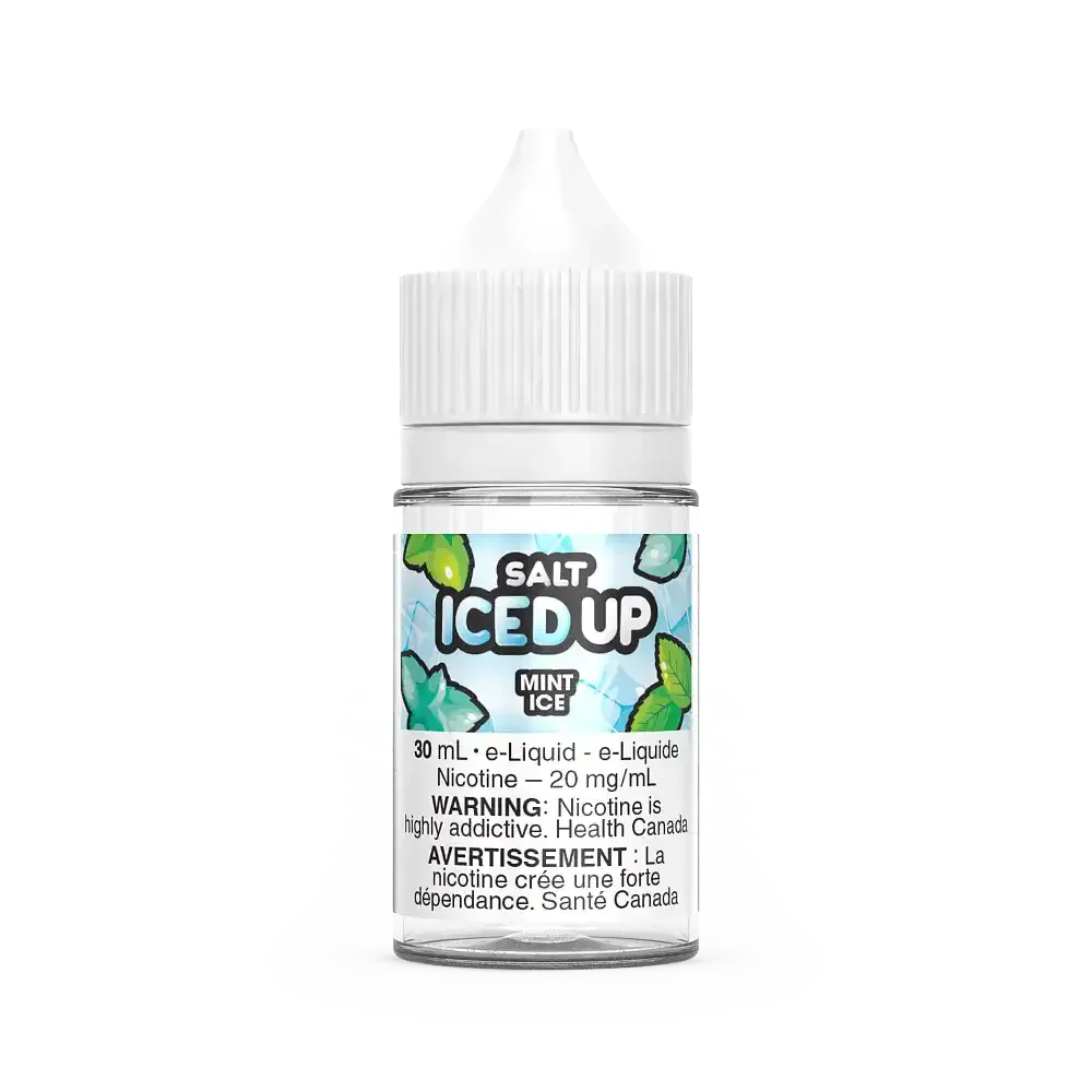 Iced Up Salt Mint Ice 30mL e-liquid bottle with white cap and icy green leaf design.