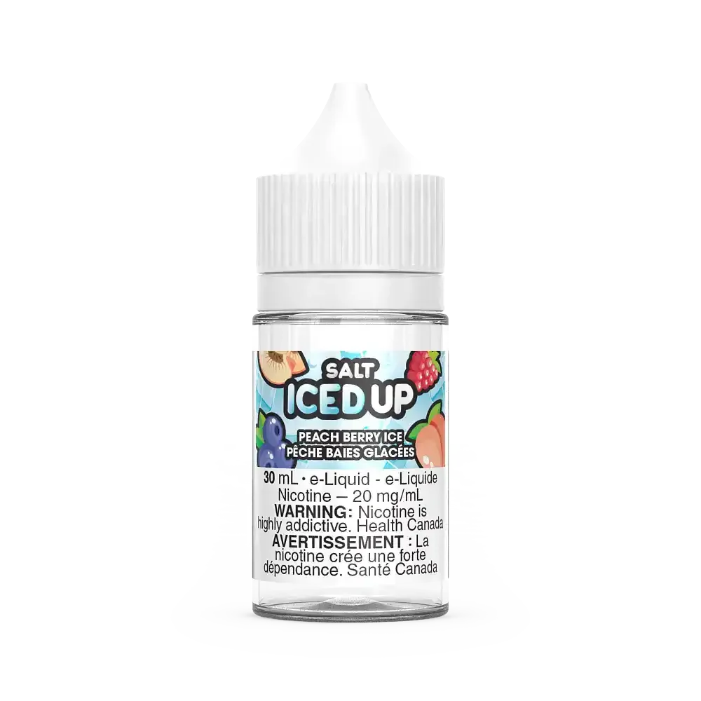 Clear 30mL Iced Up Salt e-liquid bottle with white cap, featuring Peach Berry Ice flavor label.