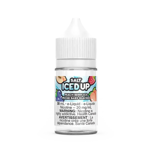 Iced Up Salt Peach Berry Ice 30mL e-liquid bottle with white cap and colorful fruit label.