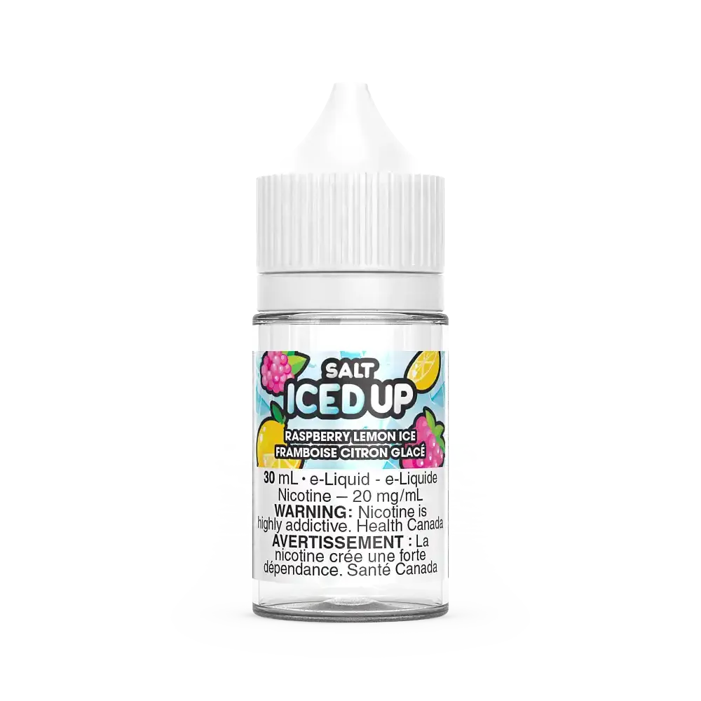 Iced Up Salt Raspberry Lemon Ice 30mL e-liquid bottle with a white cap and colorful label.
