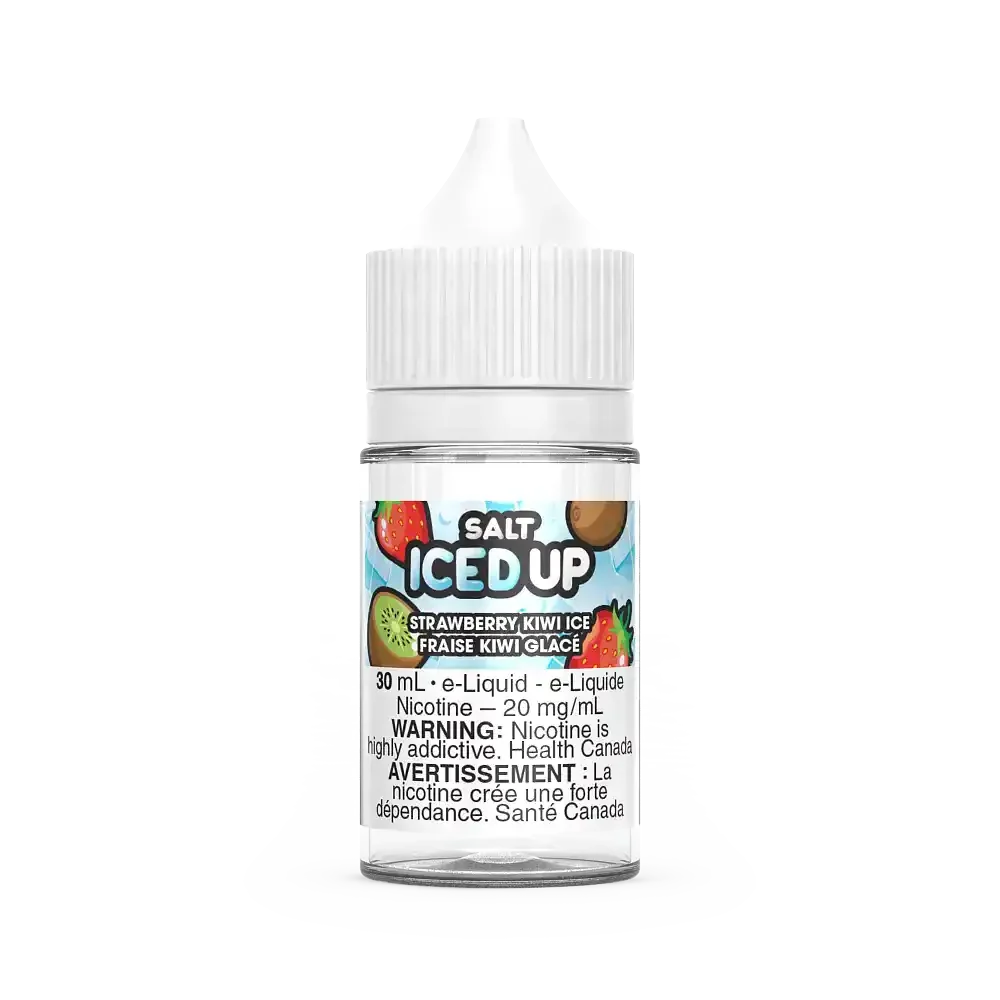 30mL Iced Up Salt Strawberry Kiwi Ice e-liquid bottle with white cap and fruit graphics.