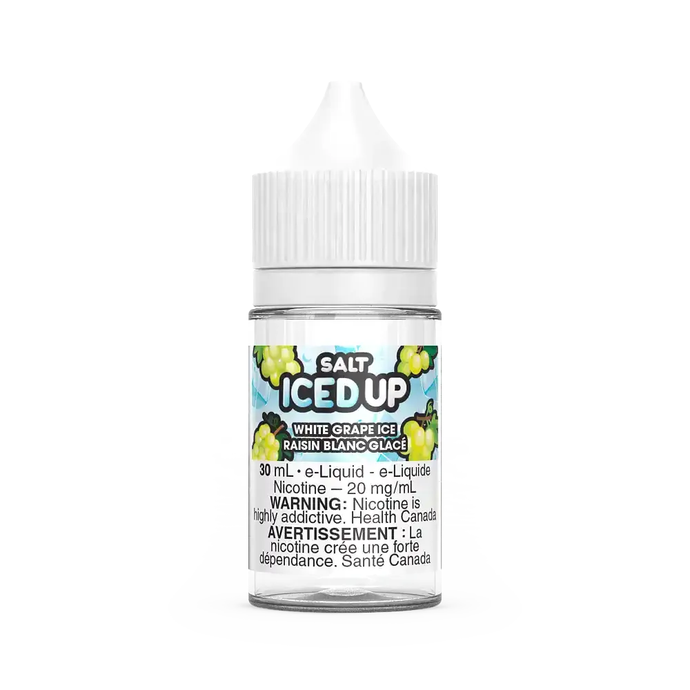 White Grape Ice Iced Up Salt 30mL e-liquid bottle with white cap and label featuring green grapes.