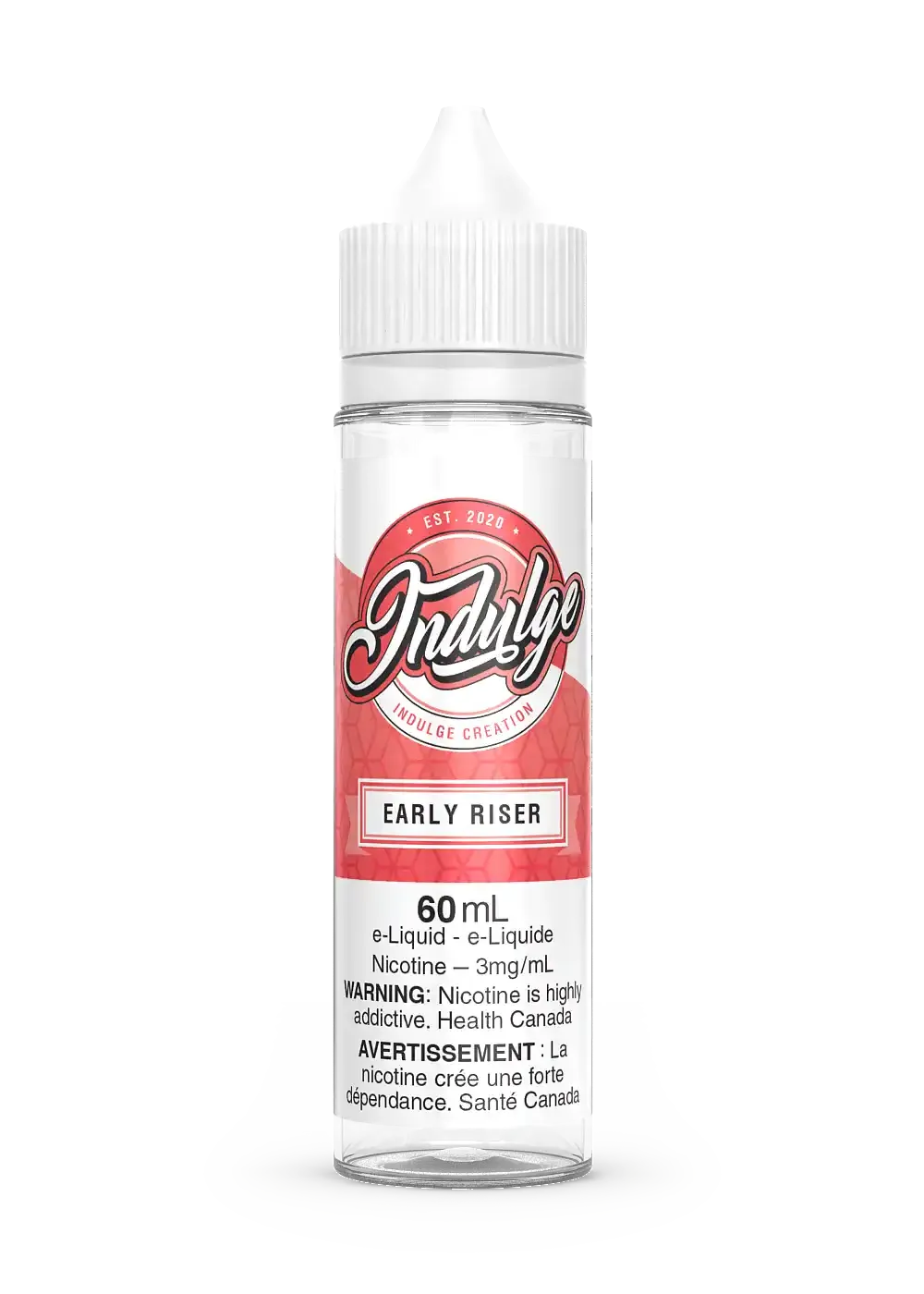Indulge Early Riser 60mL e-liquid bottle with red and white label, featuring cereal, strawberry, and banana flavor.