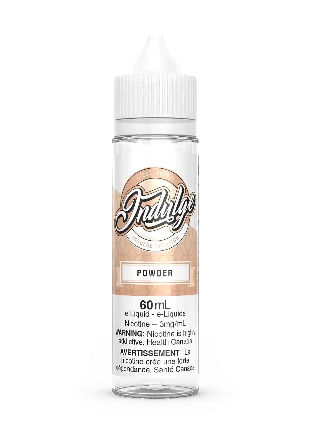 Indulge Powder 60ml e-liquid bottle with white cap and label, featuring a donut graphic.