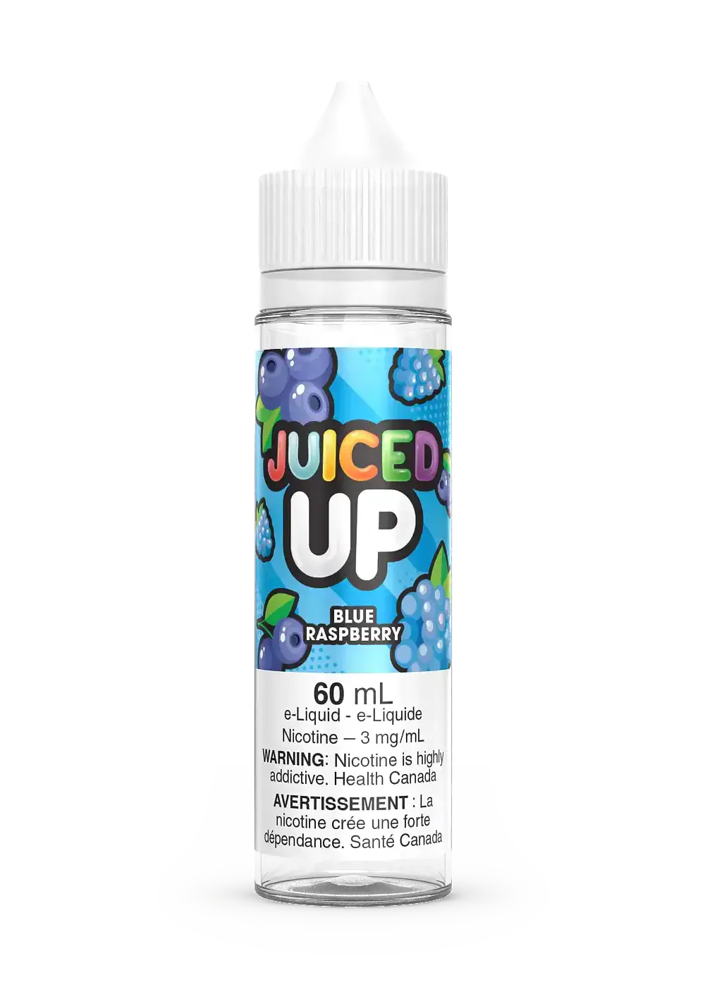 Juiced Up Blue Raspberry 60mL e-liquid bottle with a white cap and blue berry label design.