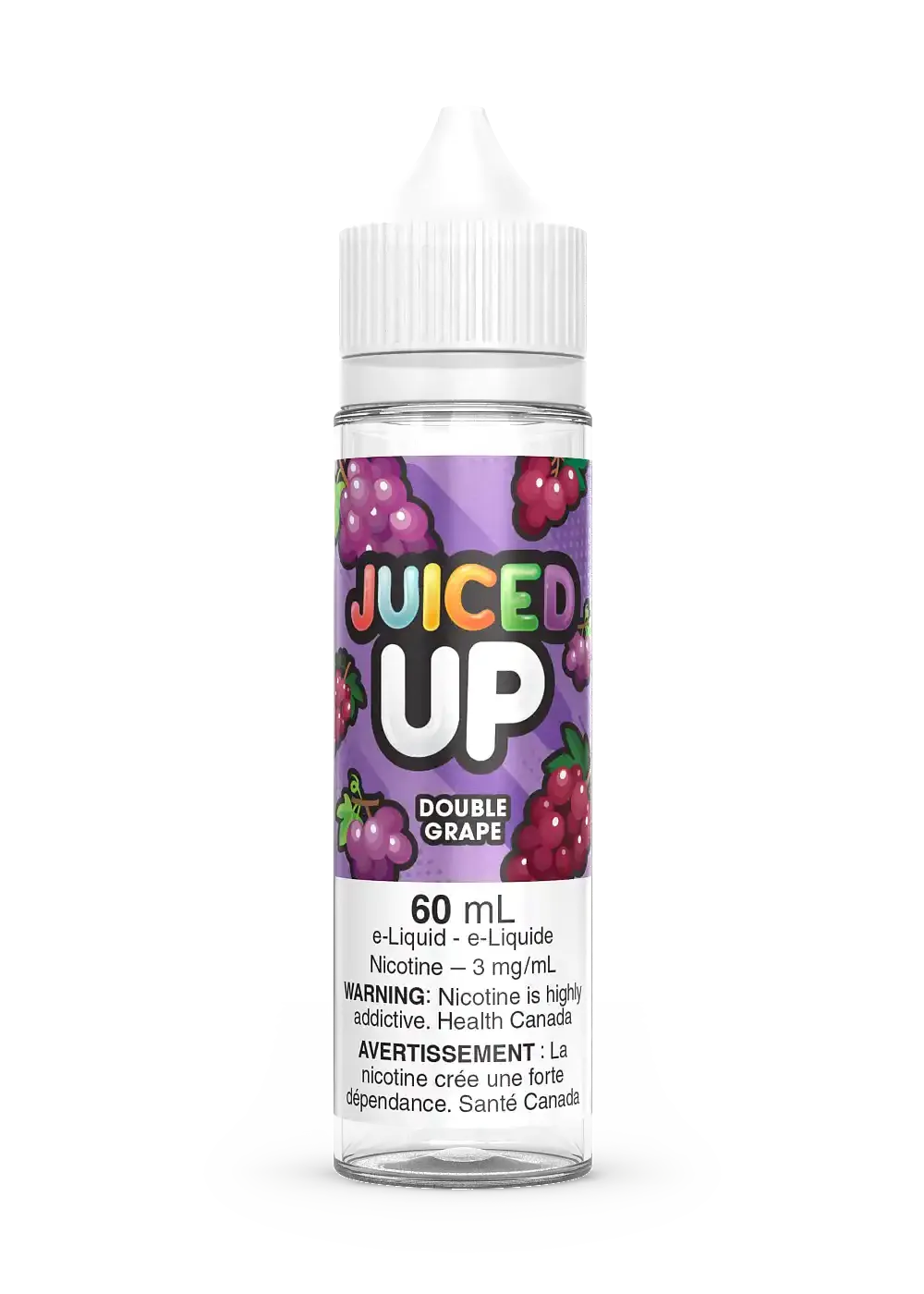 Juiced Up Double Grape 60mL e-liquid bottle with purple label and grape illustrations.
