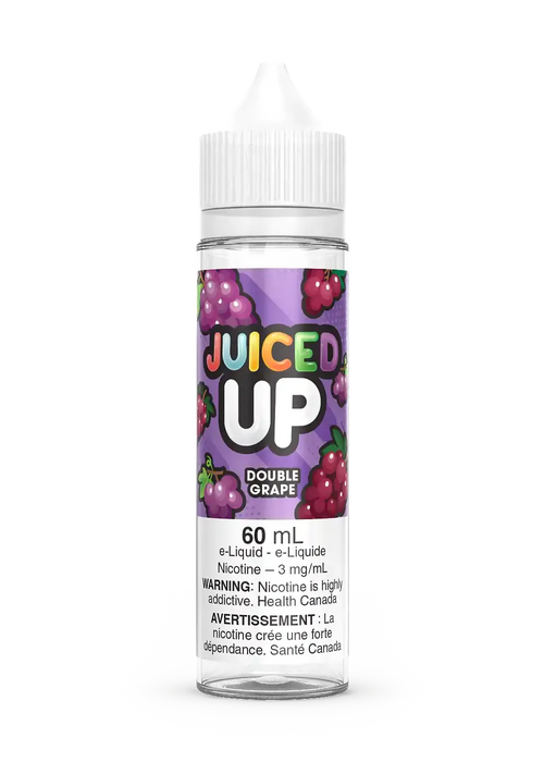 Juiced Up Double Grape 60mL e-liquid bottle with purple label and grape illustrations.