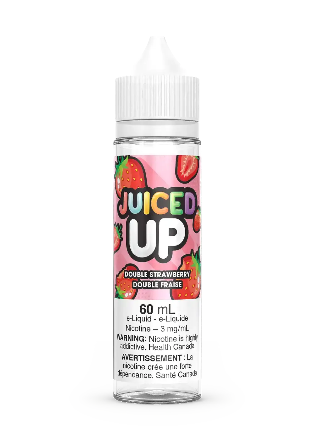 Juiced Up Double Strawberry 60mL e-liquid bottle with pink label and strawberry graphics.