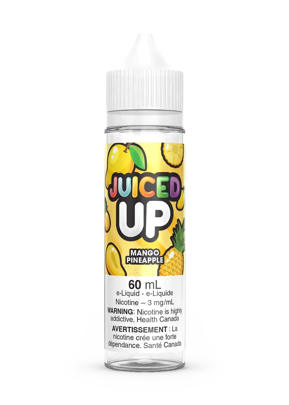 Juiced Up Mango Pineapple 60mL e-liquid bottle with a yellow label featuring mango and pineapple graphics.