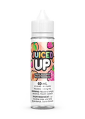 Juiced Up Peach Raspberry 60mL e-liquid bottle with fruit graphics and white cap.