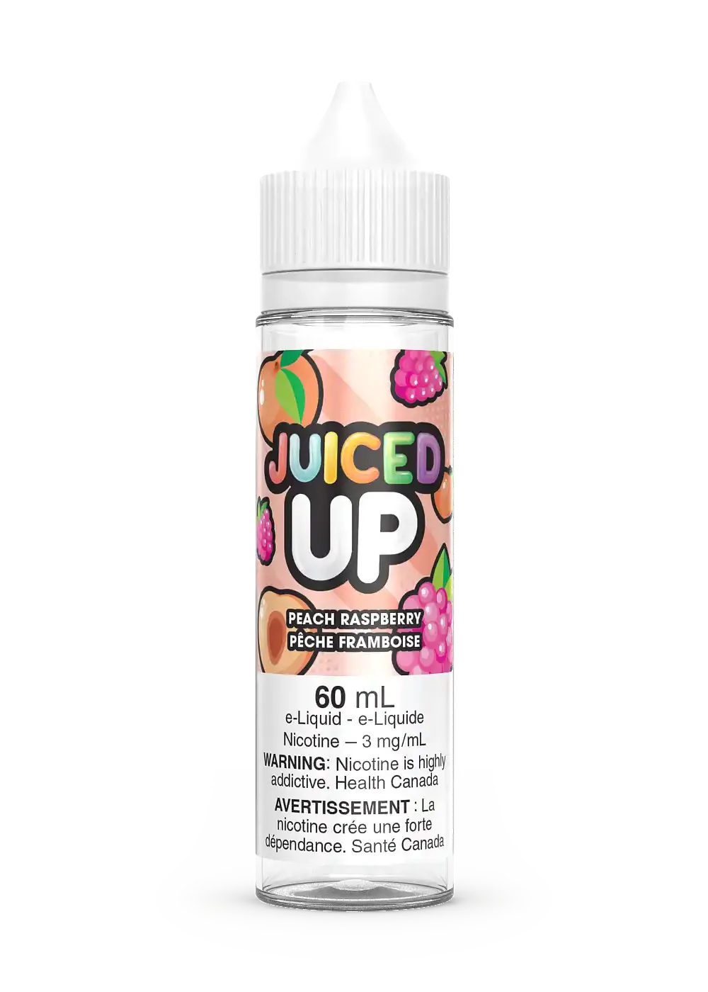 Juiced Up Peach Raspberry 60mL e-liquid bottle with fruit graphics and white cap.