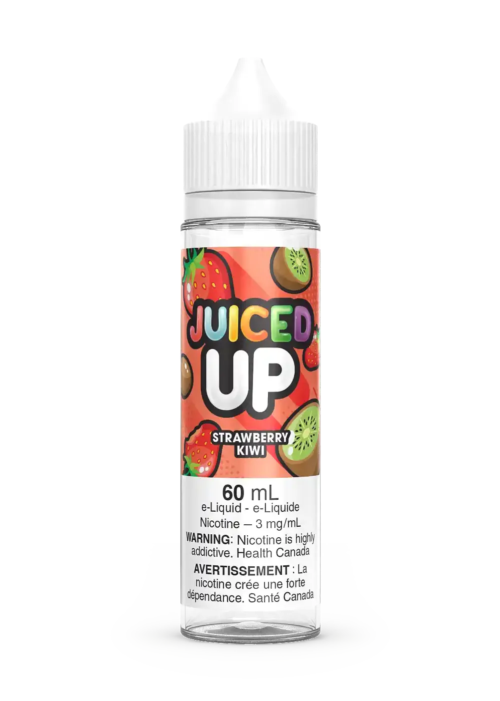 Juiced Up Strawberry Kiwi 60mL e-liquid bottle with fruit graphics and white CRC cap.
