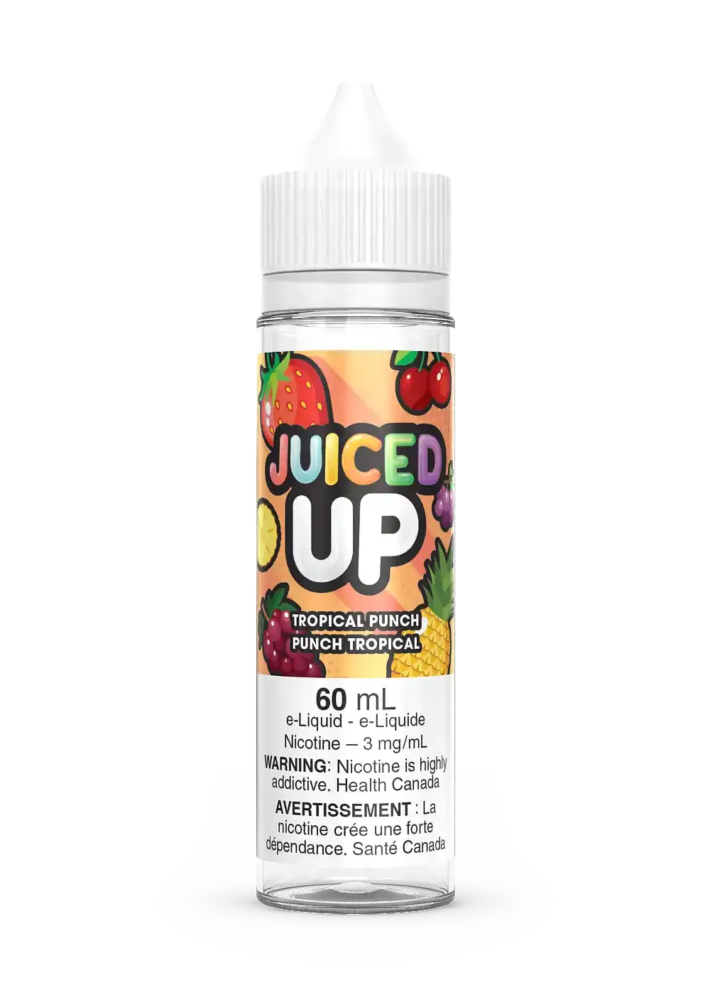 Juiced Up Tropical Punch 60mL e-liquid bottle with colorful fruit graphics and white cap.