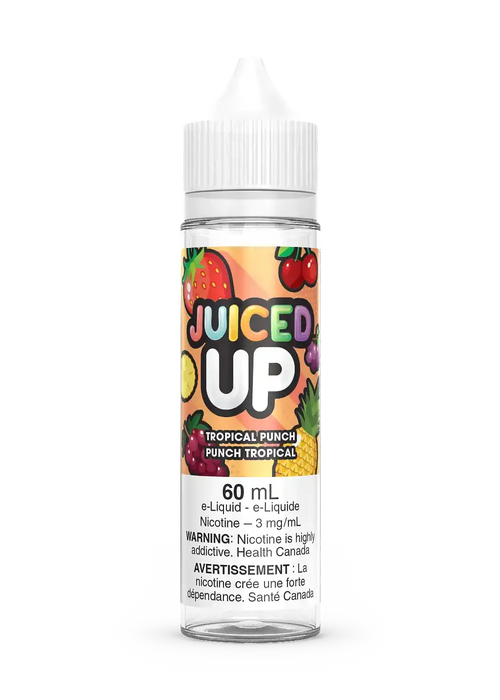 Juiced Up Tropical Punch 60mL e-liquid bottle with colorful fruit graphics and white cap.